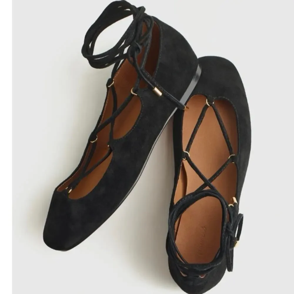 Madewell The Greta Lace-Up Ballet Flat in True Black Suede Size 9
